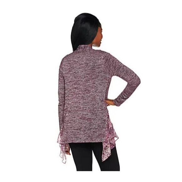 LOGO by Lori Goldstein Space Dye Cardigan with Pleated Chiffon Trim Size Medium - Picture 2 of 9